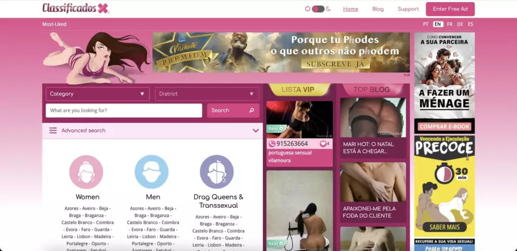 Screenshot of the ClassificadosX website showing escort listings in Portugal