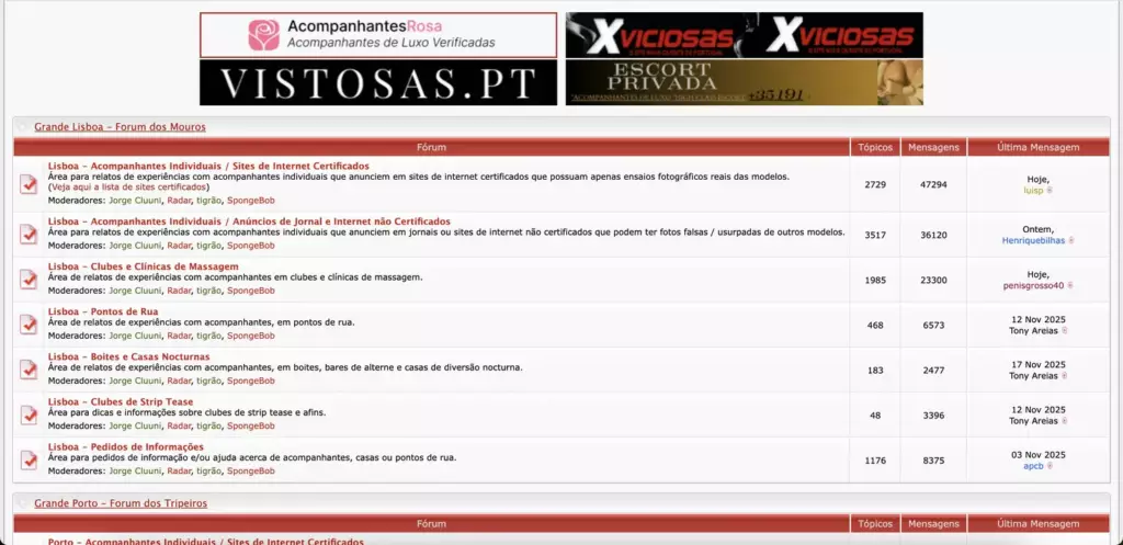 Screenshot of the Portuguese adult forum GP-PT.net showing discussion threads about escorts and brothels.