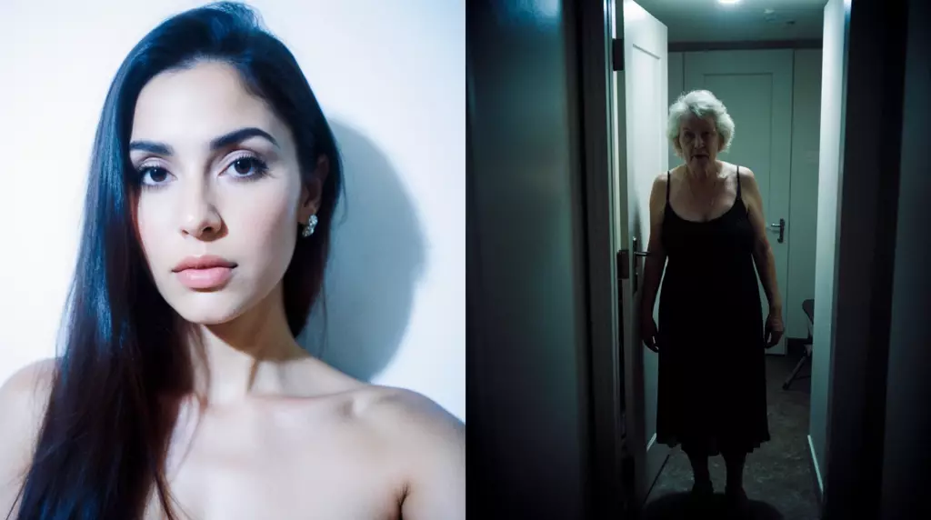 Split image showing, on the left, a portrait of a young Latina woman, and on the right, an older woman standing in a doorway wearing a black nightdress.
